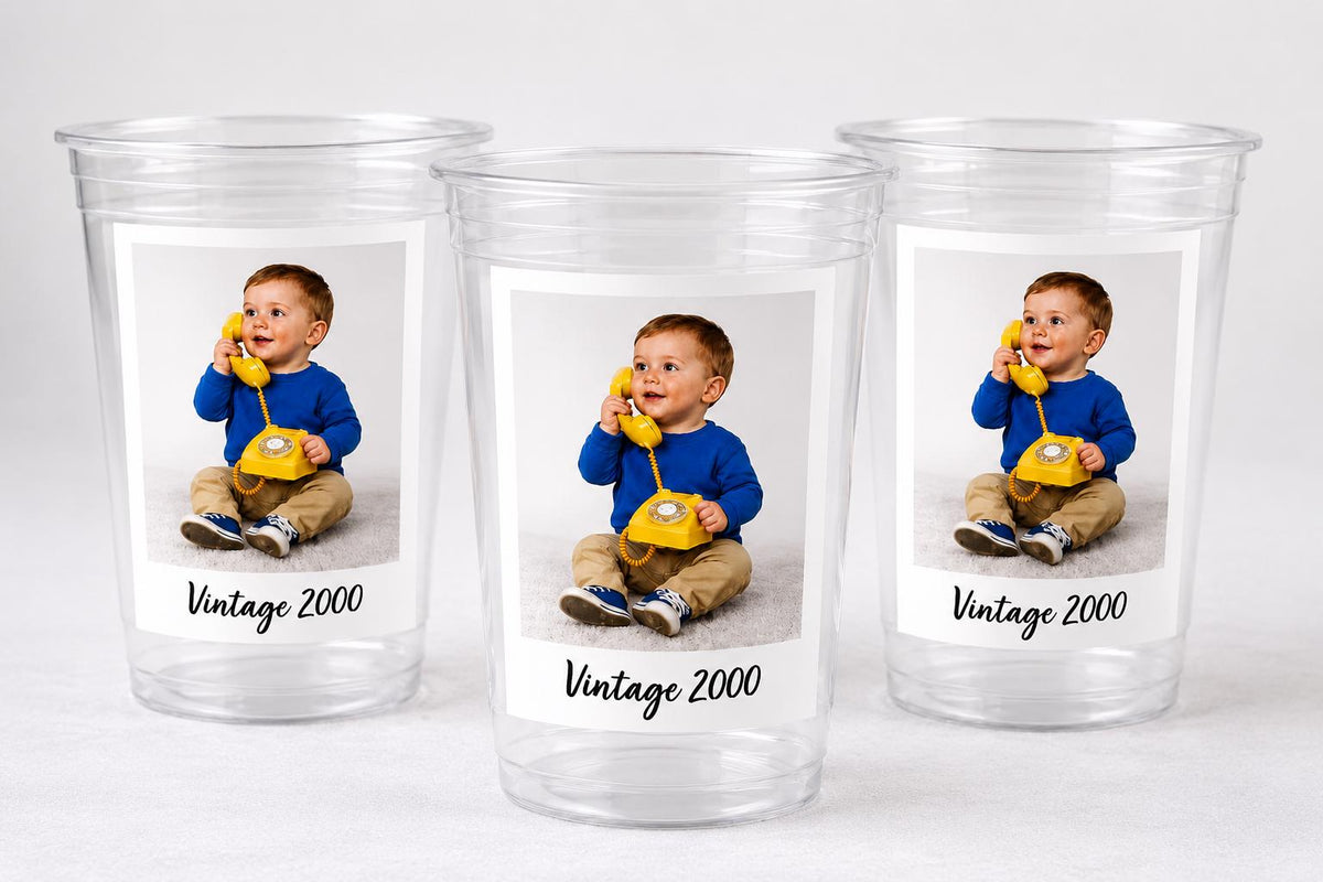 Custom Photo Cups 16oz Personalized Party Cups with Picture and text | Vintage Year Birthday Decorations | Custom Birthday Cups | Ships Fast