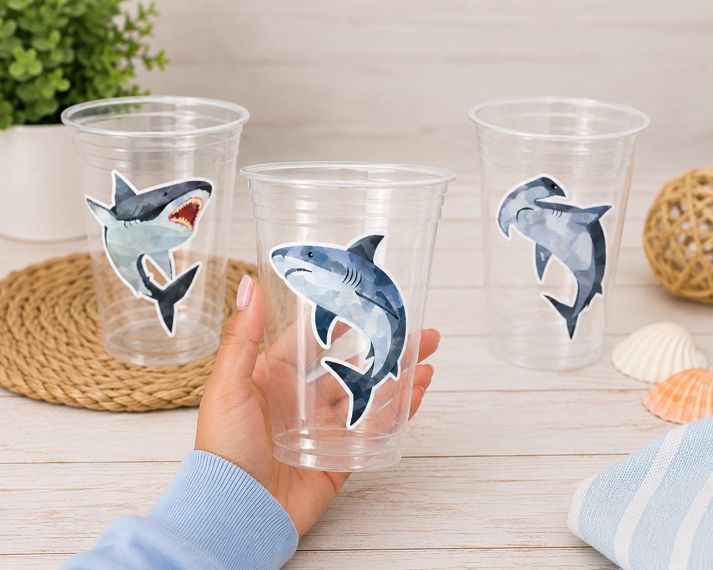 Shark Party Cups | 16oz Clear Shark Birthday Cups | Ocean Theme Party Decorations | Shark Birthday Favor Cups | Beach Party Cups