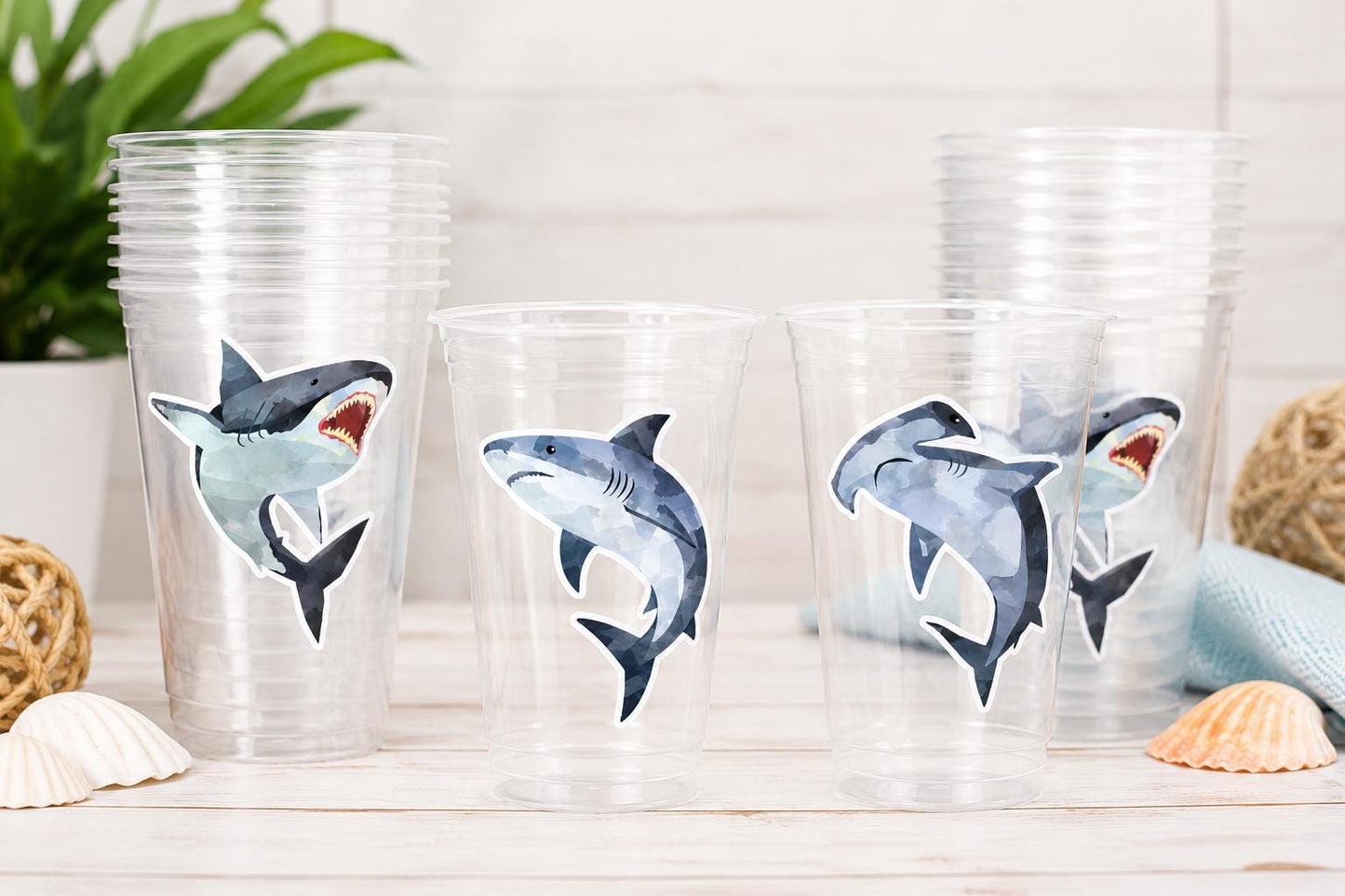 Shark Party Cups | 16oz Clear Shark Birthday Cups | Ocean Theme Party Decorations | Shark Birthday Favor Cups | Beach Party Cups