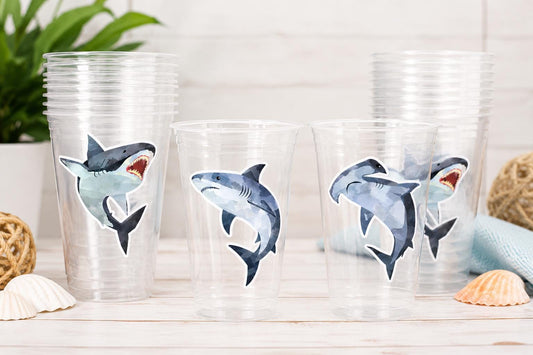 Shark Party Cups | 16oz Clear Shark Birthday Cups | Ocean Theme Party Decorations | Shark Birthday Favor Cups | Beach Party Cups