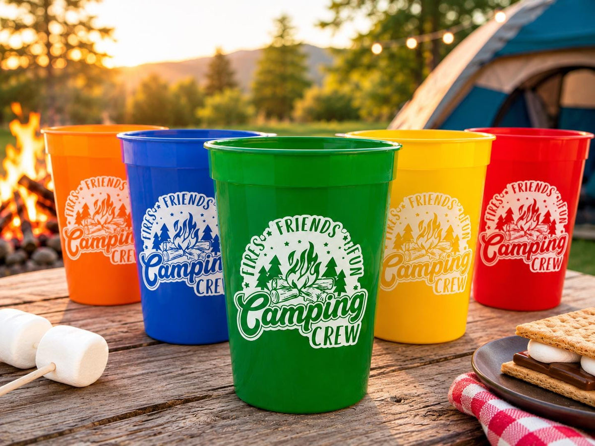 May include: A set of five colorful plastic stadium cups in orange, blue, green, yellow, and red. Each cup features a white circular graphic with a campfire illustration, pine trees, and the text "Fires, Friends, Fun, Camping Crew".