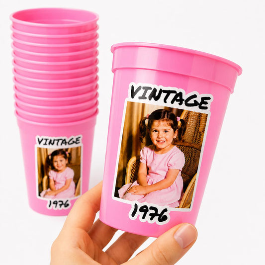 Custom Reusable Photo Cups, Personalized Birthday Cups, Vintage Est. Year with Name & Text, 16th 21st 30th 40th 50th 60th 70th, Party Favors