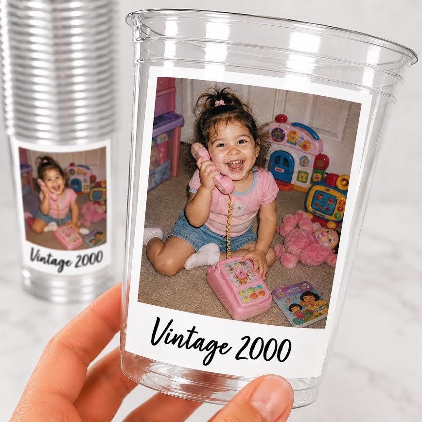 Custom Photo Cups 16oz Personalized Plastic Cups with Face Picture Text Vintage Est Year for Birthday Parties Events Decorations Supplies