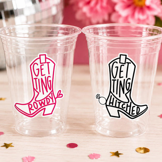 COWGIRL PARTY CUPS - Getting Hitched Party Cups Rowdy Bachelorette Party Cowgirl Boots Party cups Party Decorations Cowgirl Bachelorette Cup