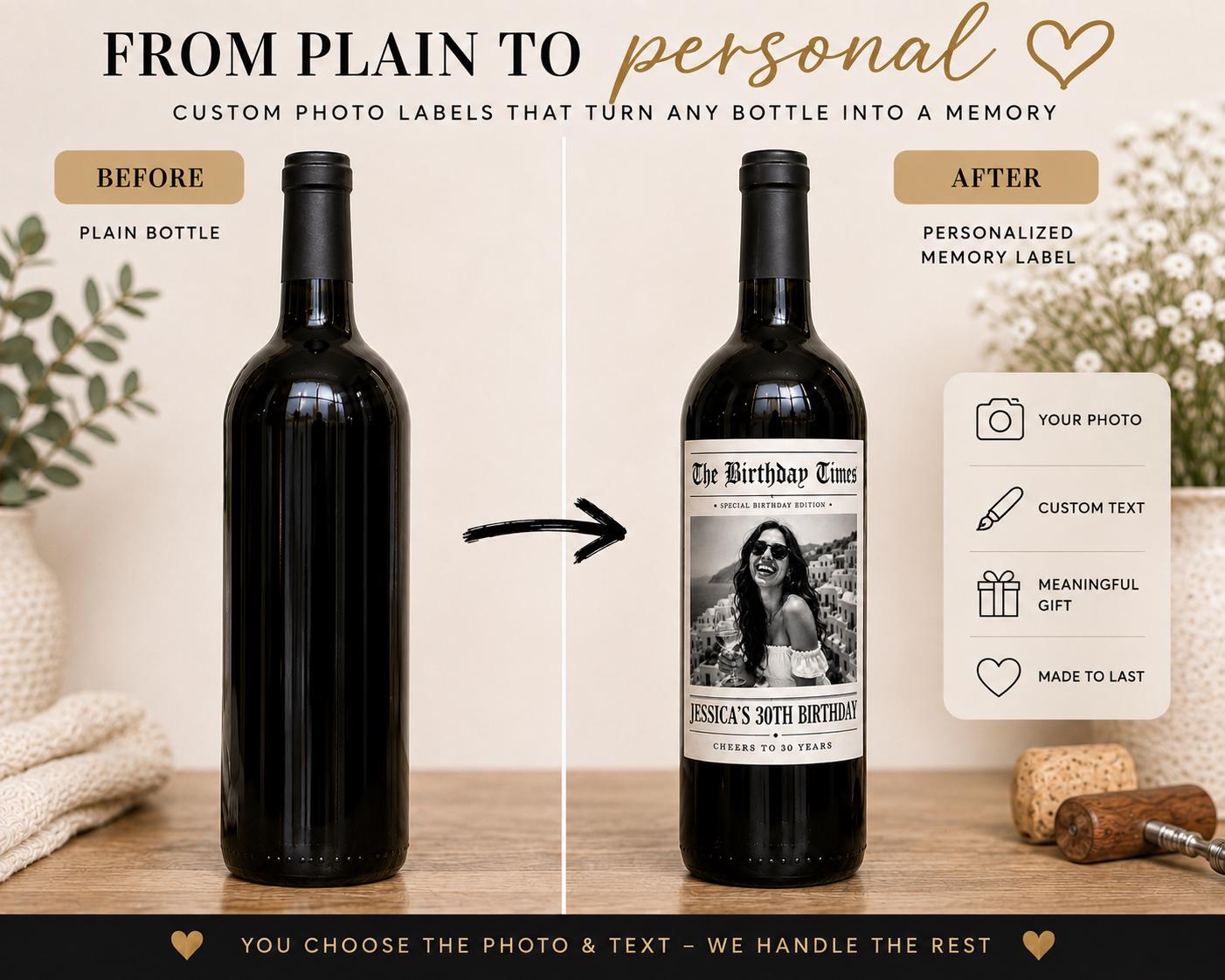 Personalized Birthday Wine Label with Photo, Custom Wine Bottle Label, 30th 40th 50th 60th Birthday Gift, Milestone Birthday Gift, Newspaper