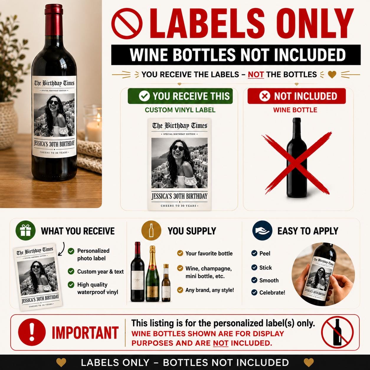 Personalized Birthday Wine Label with Photo, Custom Wine Bottle Label, 30th 40th 50th 60th Birthday Gift, Milestone Birthday Gift, Newspaper