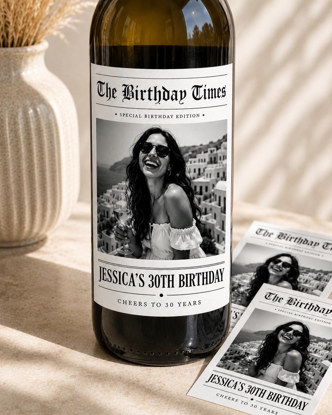 Personalized Birthday Wine Label with Photo, Custom Wine Bottle Label, 30th 40th 50th 60th Birthday Gift, Milestone Birthday Gift, Newspaper