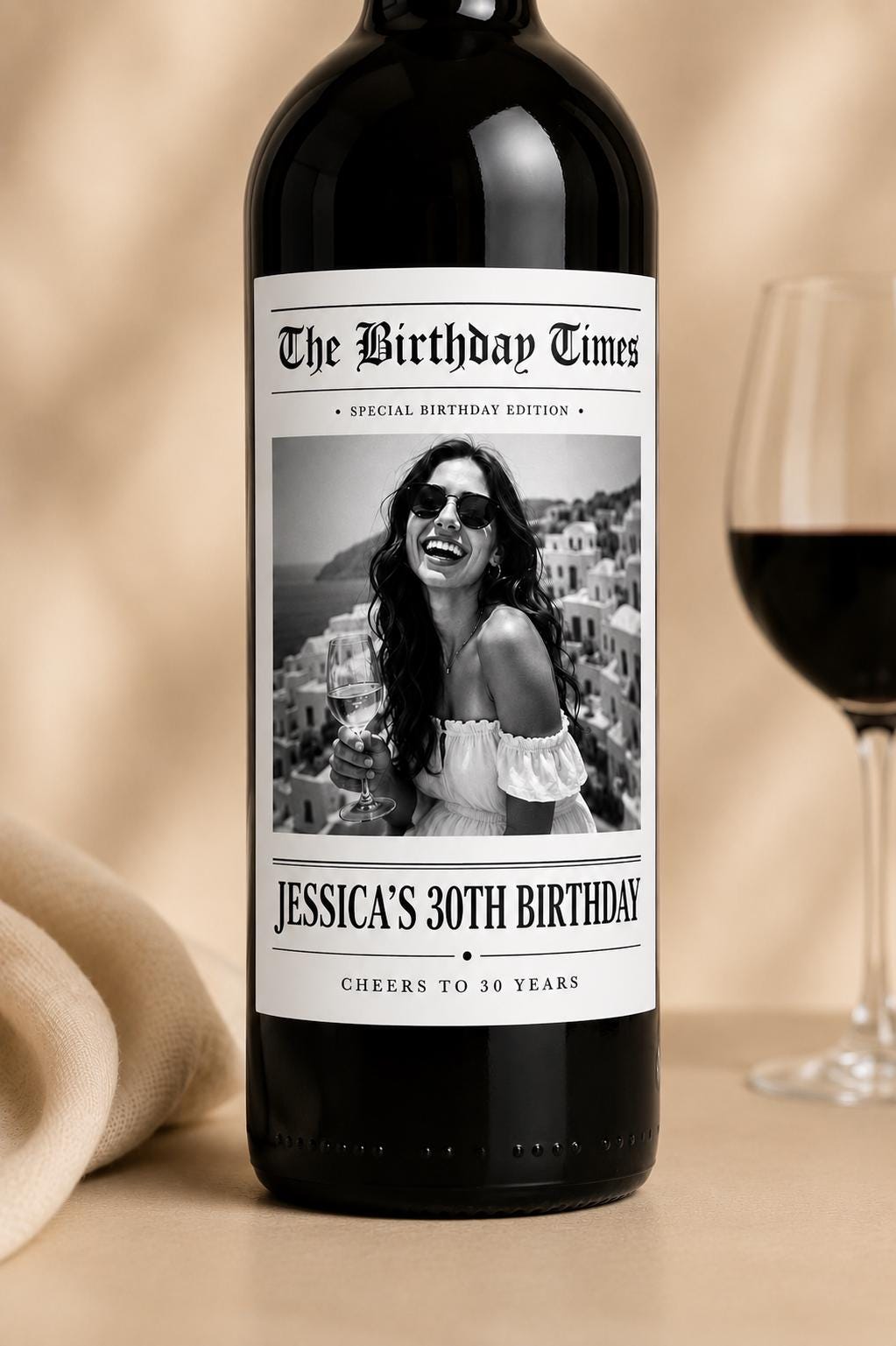 Personalized Birthday Wine Label with Photo, Custom Wine Bottle Label, 30th 40th 50th 60th Birthday Gift, Milestone Birthday Gift, Newspaper