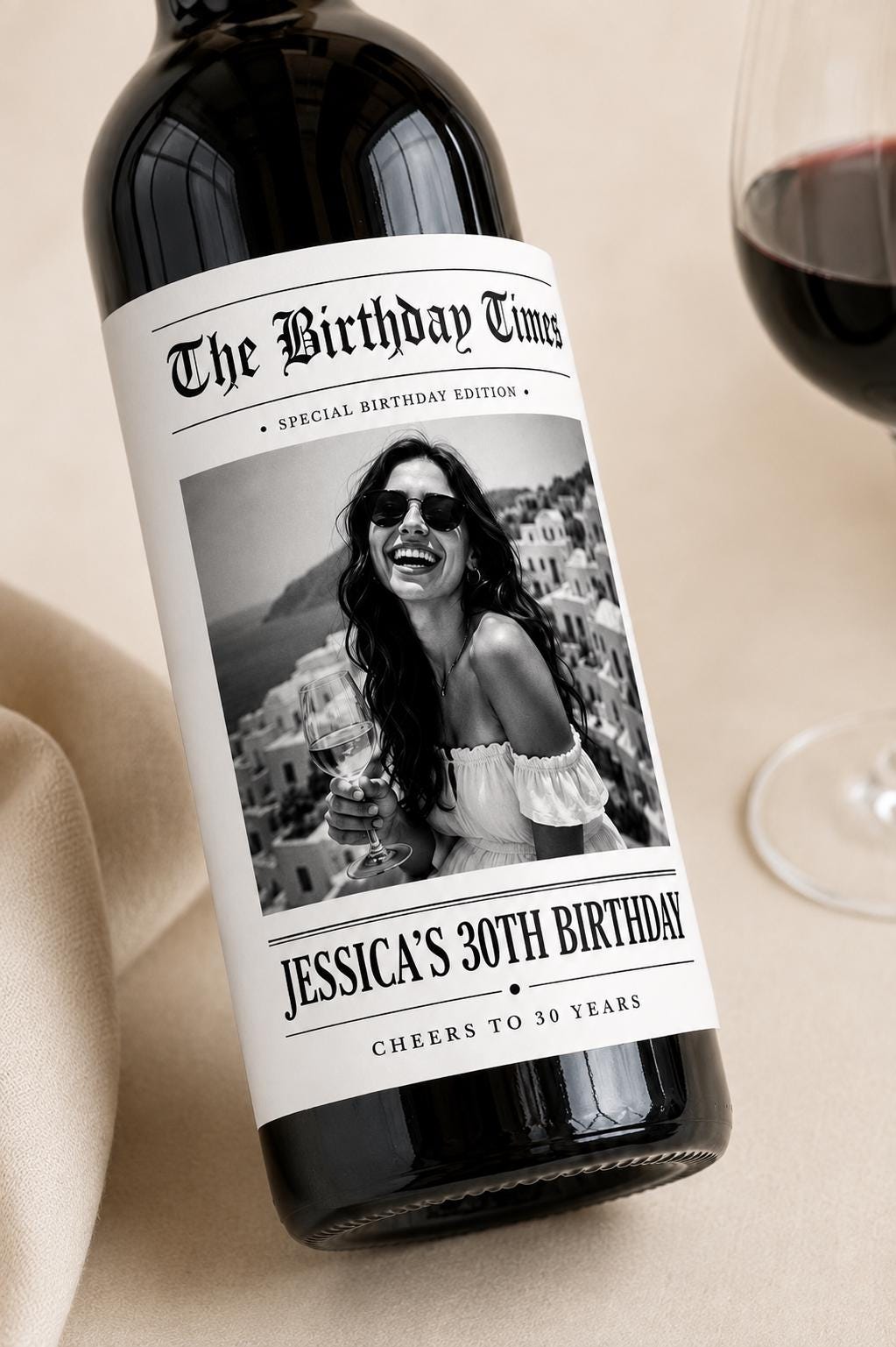 Personalized Birthday Wine Label with Photo, Custom Wine Bottle Label, 30th 40th 50th 60th Birthday Gift, Milestone Birthday Gift, Newspaper