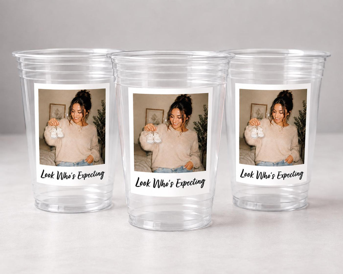 Look Who’s Expecting Cups, Pregnancy Announcement Gift Party Cups, Personalized Photo Cups, Baby Shower Cups, Expecting Mom Party Favors