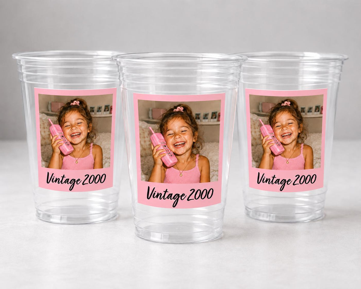 Personalized Birthday Photo Cups | Custom Pink Picture Cups | Pink Party Cups with custom image | Birthday Favors | 21st, 30th, 40th, 50th