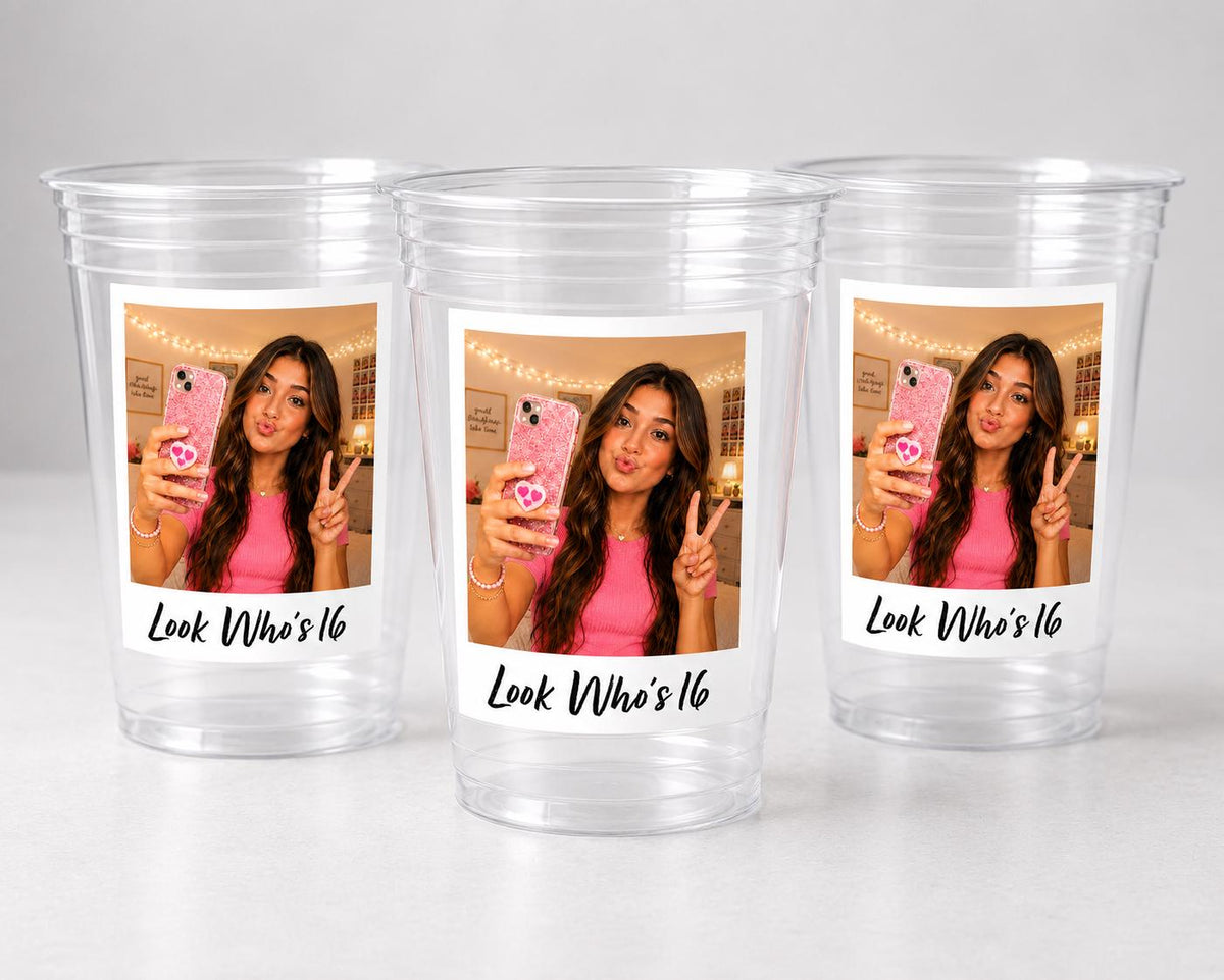 Look Who's 16 Custom Photo Cups, Personalized 16th Birthday Cups with Picture, Sweet 16 Party Favors, 16th Birthday Decorations, Ships Fast