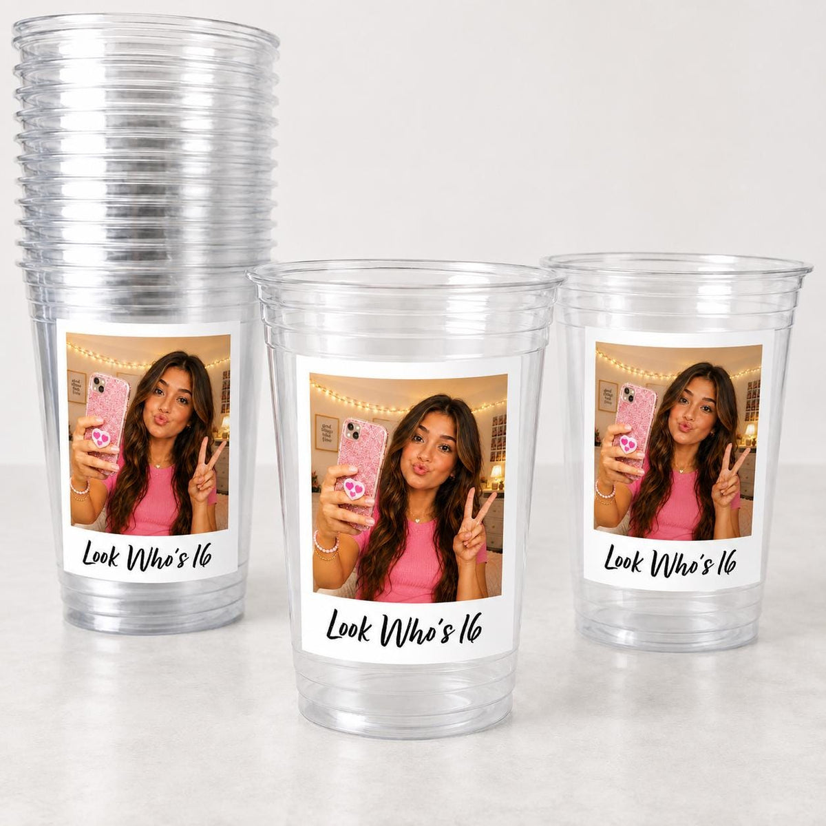 Look Who's 16 Custom Photo Cups, Personalized 16th Birthday Cups with Picture, Sweet 16 Party Favors, 16th Birthday Decorations, Ships Fast