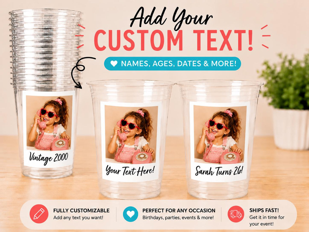 Custom Photo Cups 16oz Personalized Party Cups with Picture and text | Vintage Year Birthday Decorations | Custom Birthday Cups | Ships Fast