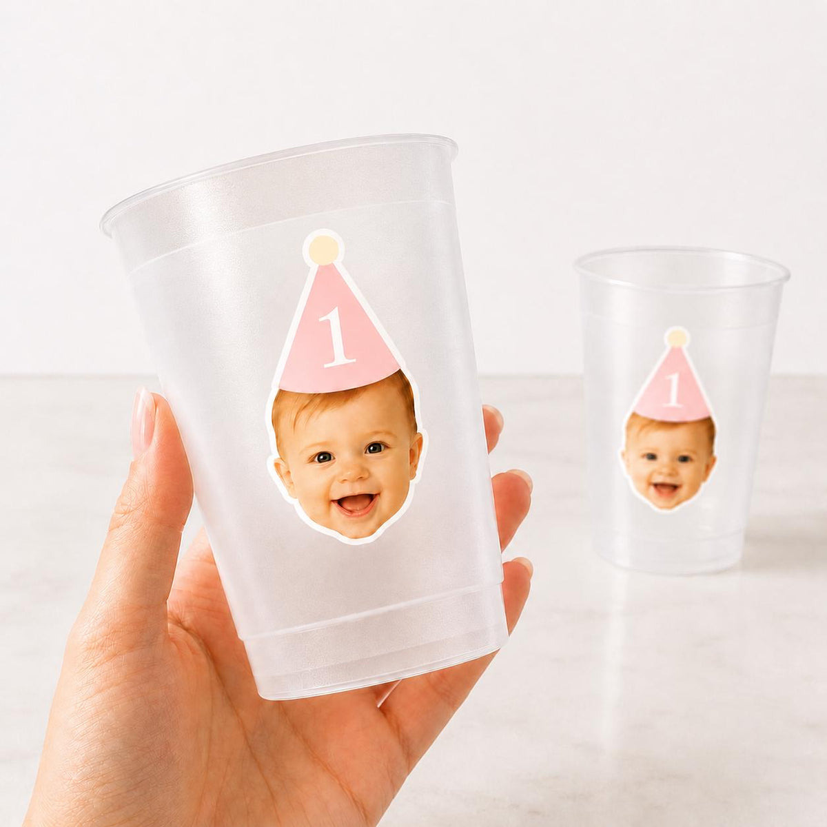 Personalized Baby Face Frosted Cups, 1st Birthday Photo Cups, Custom First Birthday Party Favors, Pink or Blue Party Hat, Any Age Party Cups