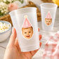 Personalized Baby Face Frosted Cups, 1st Birthday Photo Cups, Custom First Birthday Party Favors, Pink or Blue Party Hat, Any Age Party Cups
