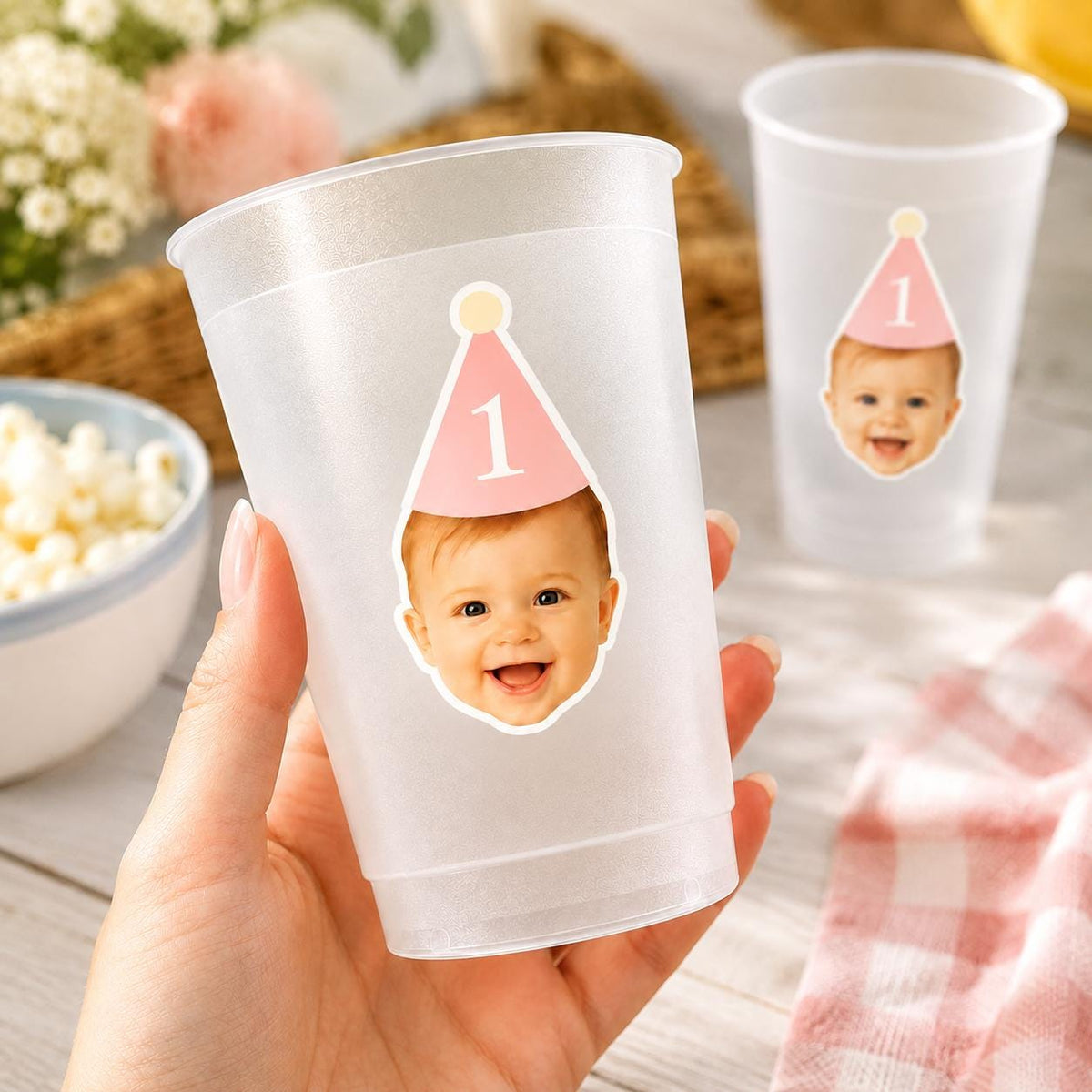 Personalized Baby Face Frosted Cups, 1st Birthday Photo Cups, Custom First Birthday Party Favors, Pink or Blue Party Hat, Any Age Party Cups