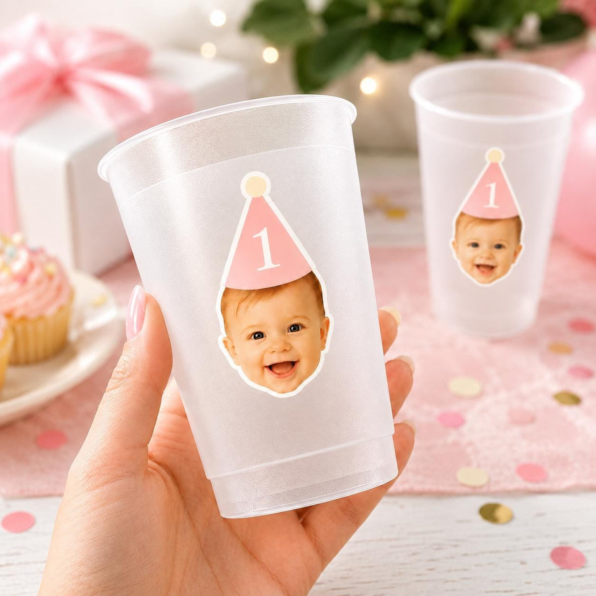Personalized Baby Face Frosted Cups, 1st Birthday Photo Cups, Custom First Birthday Party Favors, Pink or Blue Party Hat, Any Age Party Cups