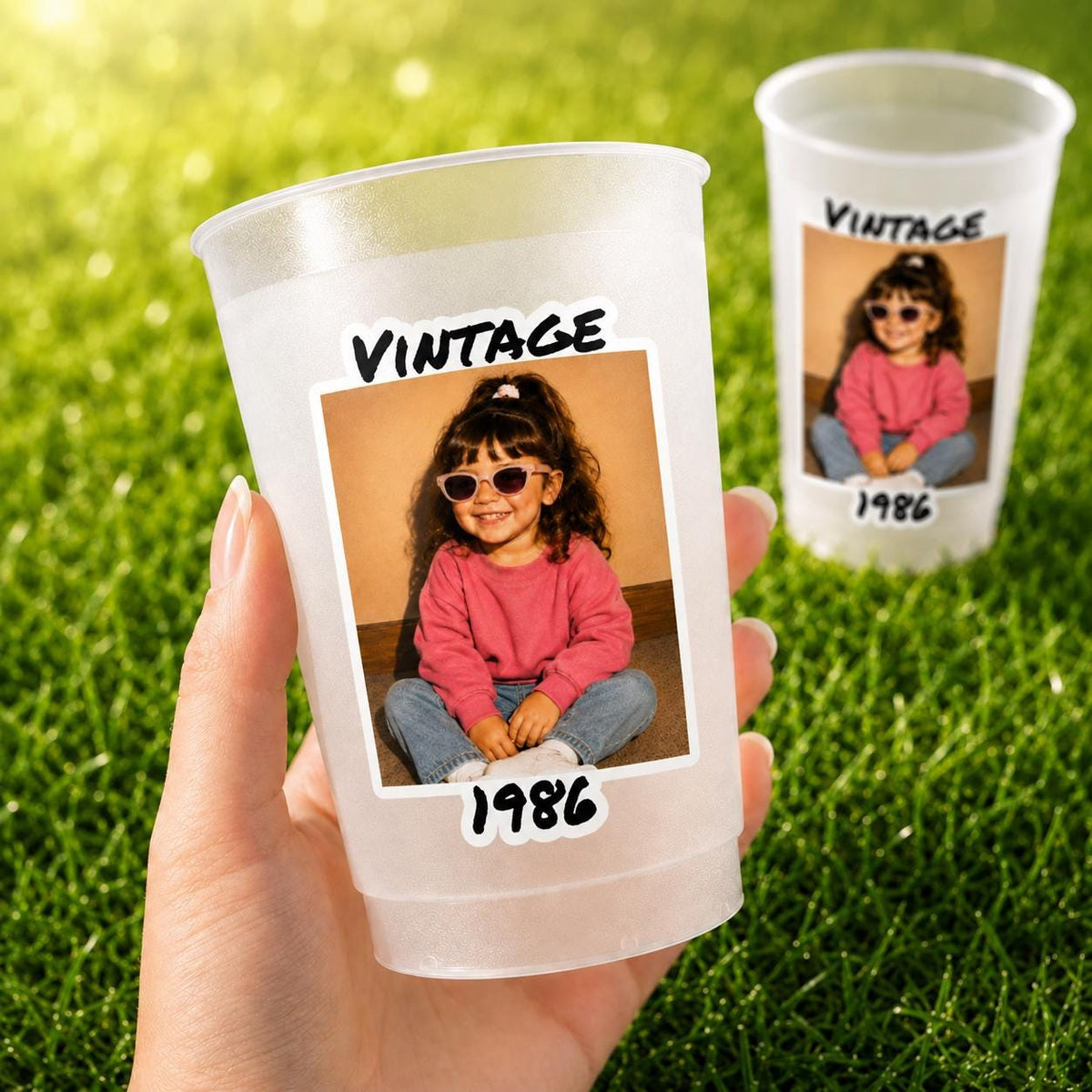 Personalized Vintage Photo Cups, Custom Birthday Cups with Picture & Year, Frosted Party Cups, Retro Birthday Party Favors, Frosted Reusable