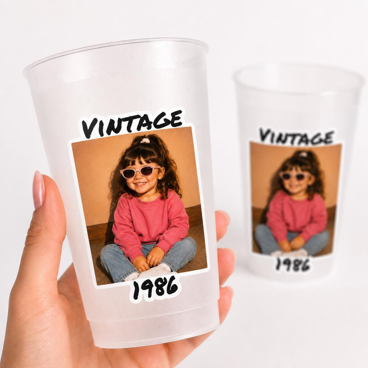 Personalized Vintage Photo Cups, Custom Birthday Cups with Picture & Year, Frosted Party Cups, Retro Birthday Party Favors, Frosted Reusable