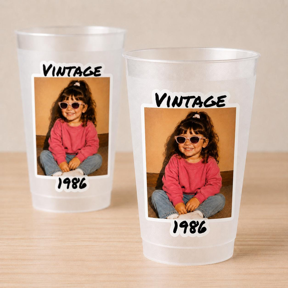 Personalized Vintage Photo Cups, Custom Birthday Cups with Picture & Year, Frosted Party Cups, Retro Birthday Party Favors, Frosted Reusable