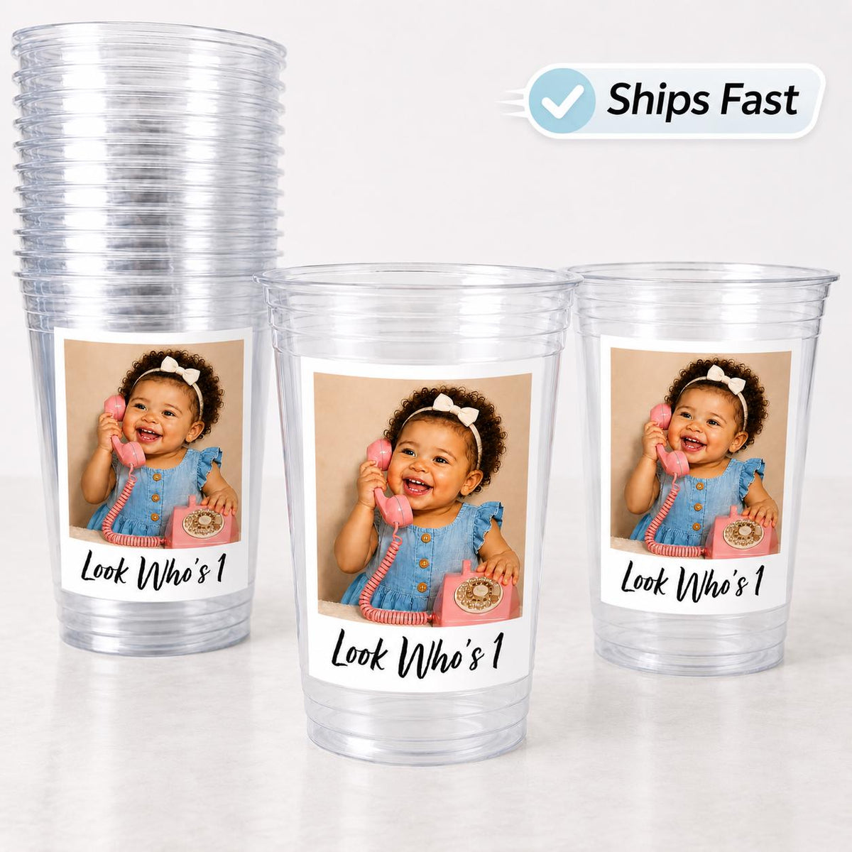 Look Who’s 1 Birthday Cups, First Birthday Party Favors, Personalized 1st Birthday Cups with Photo, One Year Old Girl Boy Favors, Ships Fast