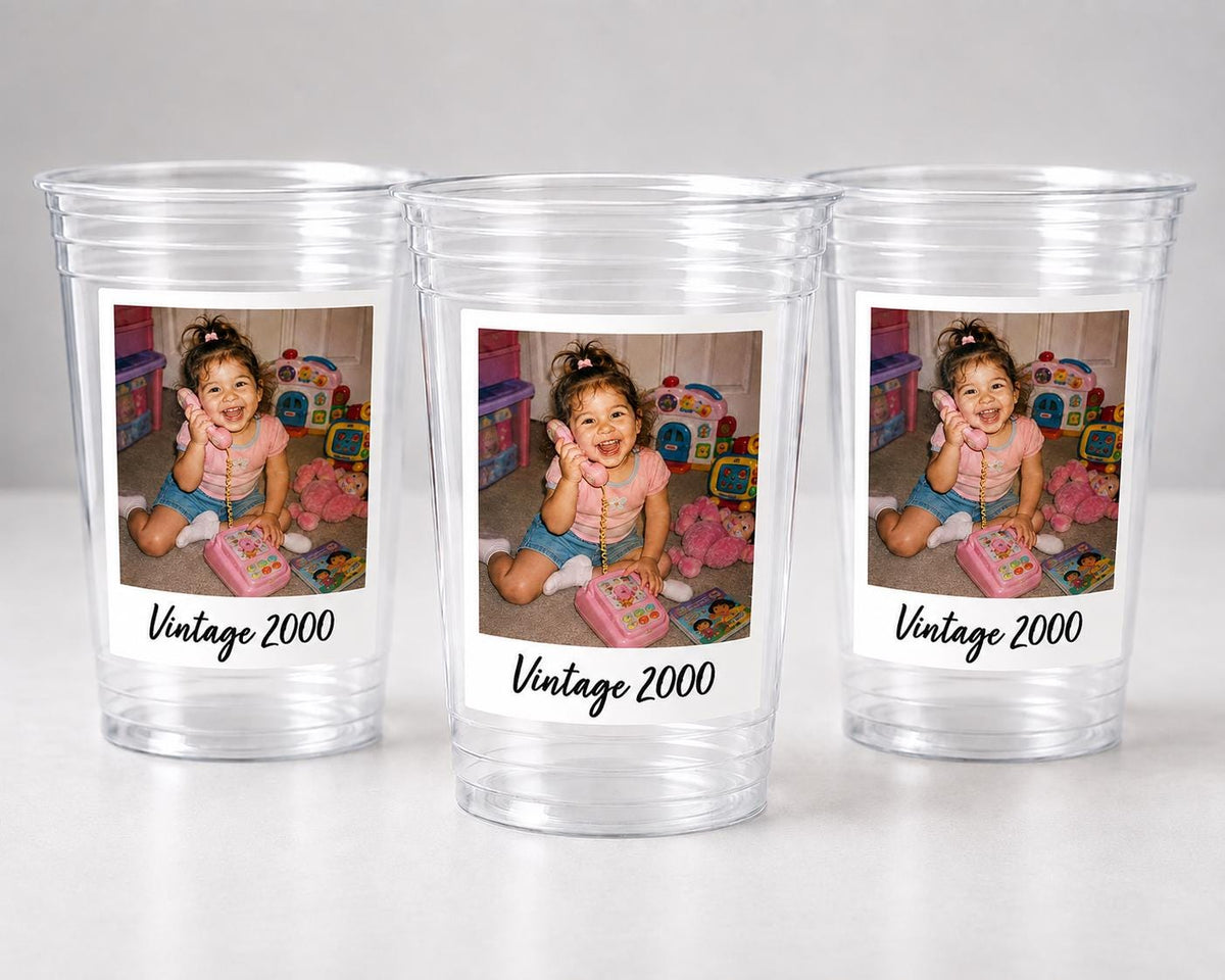 Custom Photo Cups 16oz Personalized Plastic Cups with Face Picture Text Vintage Est Year for Birthday Parties Events Decorations Supplies