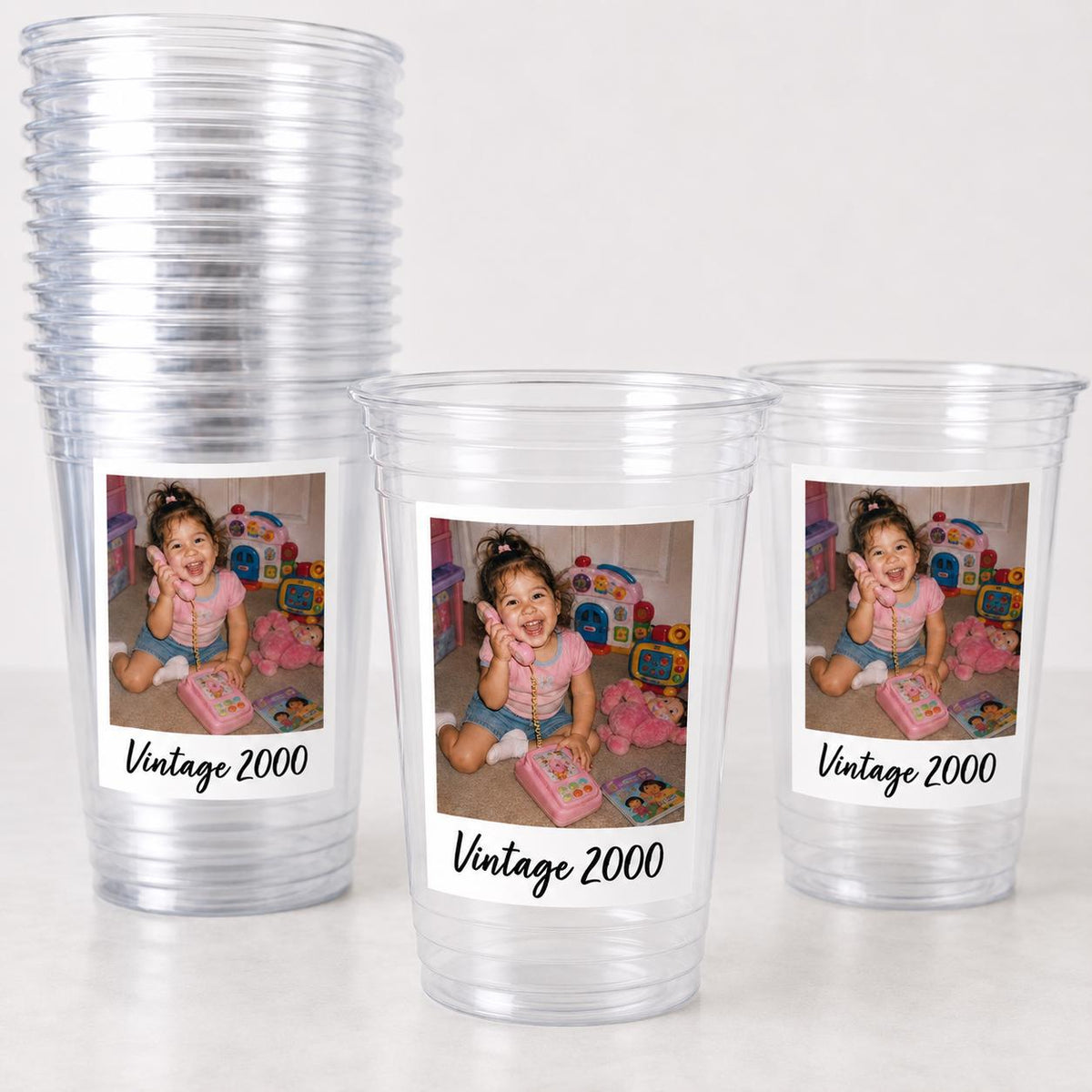 Custom Photo Cups 16oz Personalized Plastic Cups with Face Picture Text Vintage Est Year for Birthday Parties Events Decorations Supplies