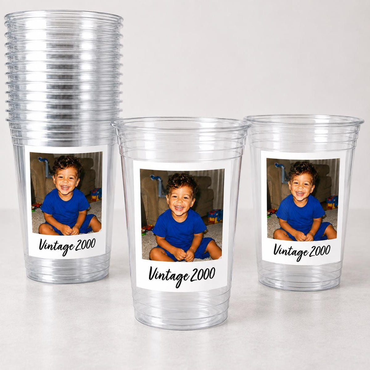 Vintage Est Year Party Cups 16oz, Personalized Photo Plastic Favor Cups for Birthdays & Celebrations, Custom Picture Cups, 30th, 40th, 50th