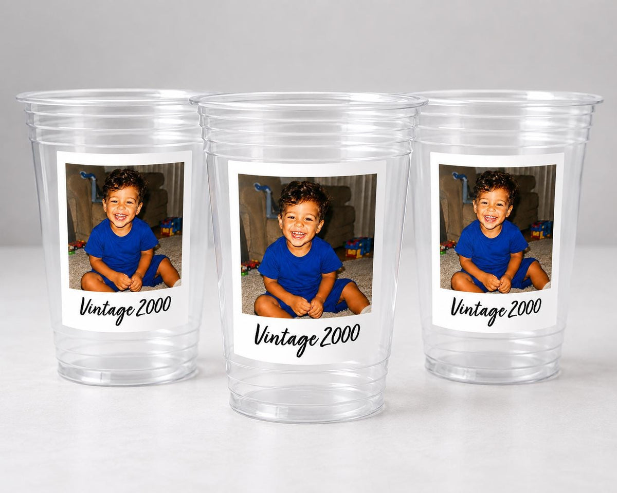 Vintage Est Year Party Cups 16oz, Personalized Photo Plastic Favor Cups for Birthdays & Celebrations, Custom Picture Cups, 30th, 40th, 50th