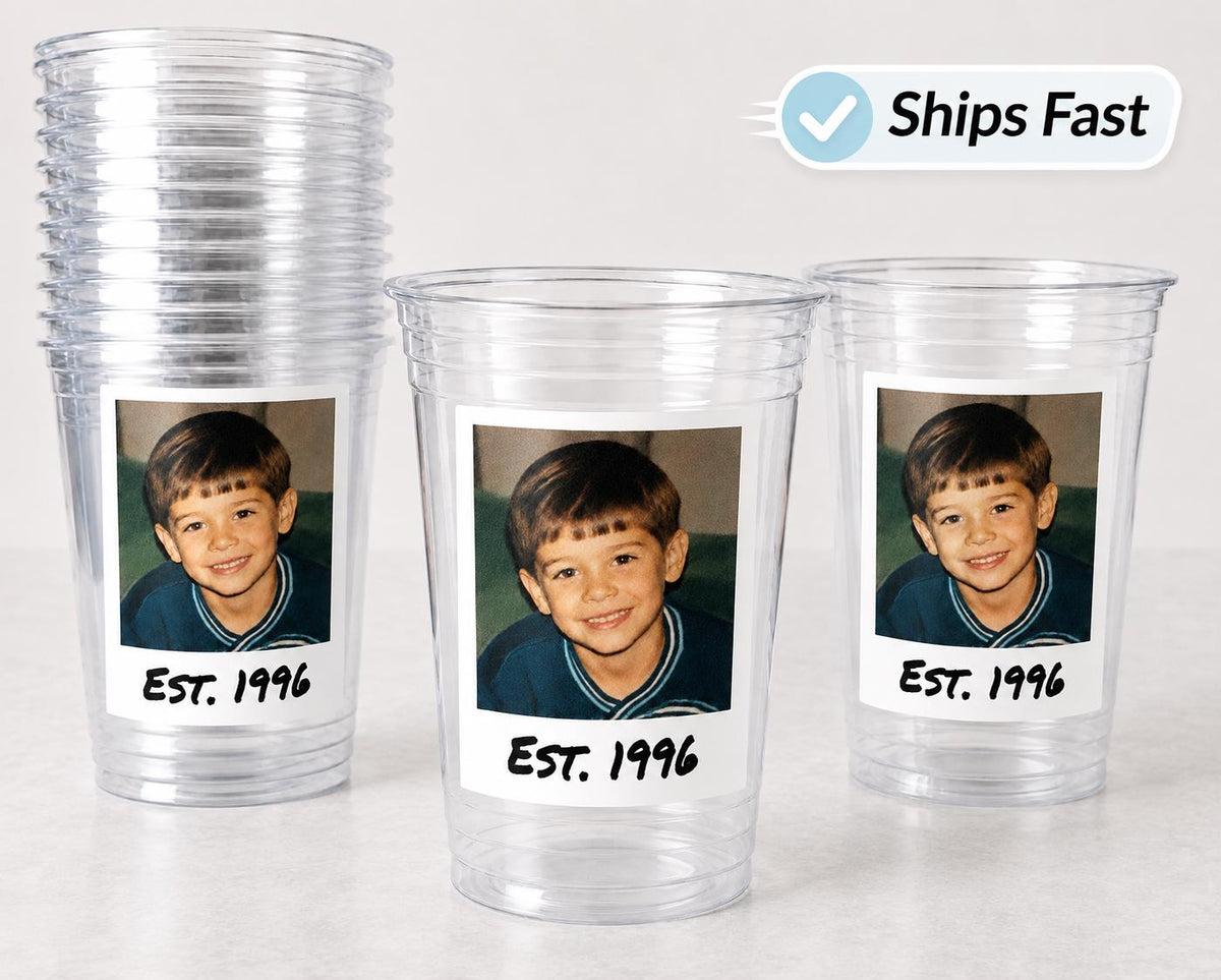 Established Year Birthday Cups, Est Year Party Favors, Born in Any Year Picture Cups, Personalized Birthday Decorations with Photo Ship Fast