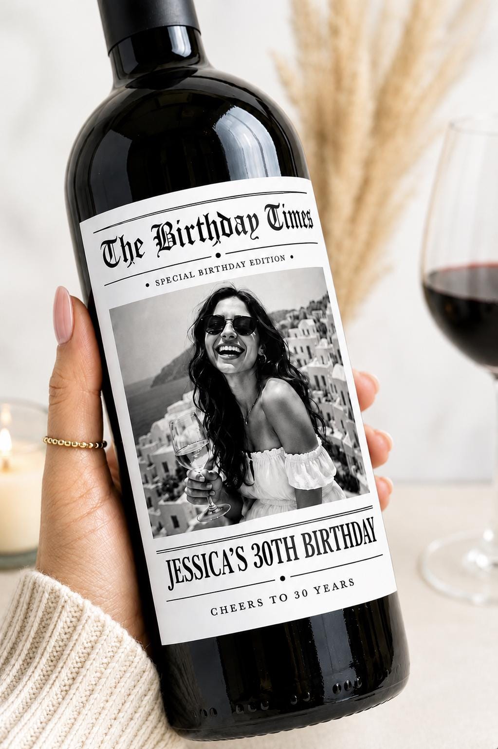 Personalized Birthday Wine Label with Photo, Custom Wine Bottle Label, 30th 40th 50th 60th Birthday Gift, Milestone Birthday Gift, Newspaper