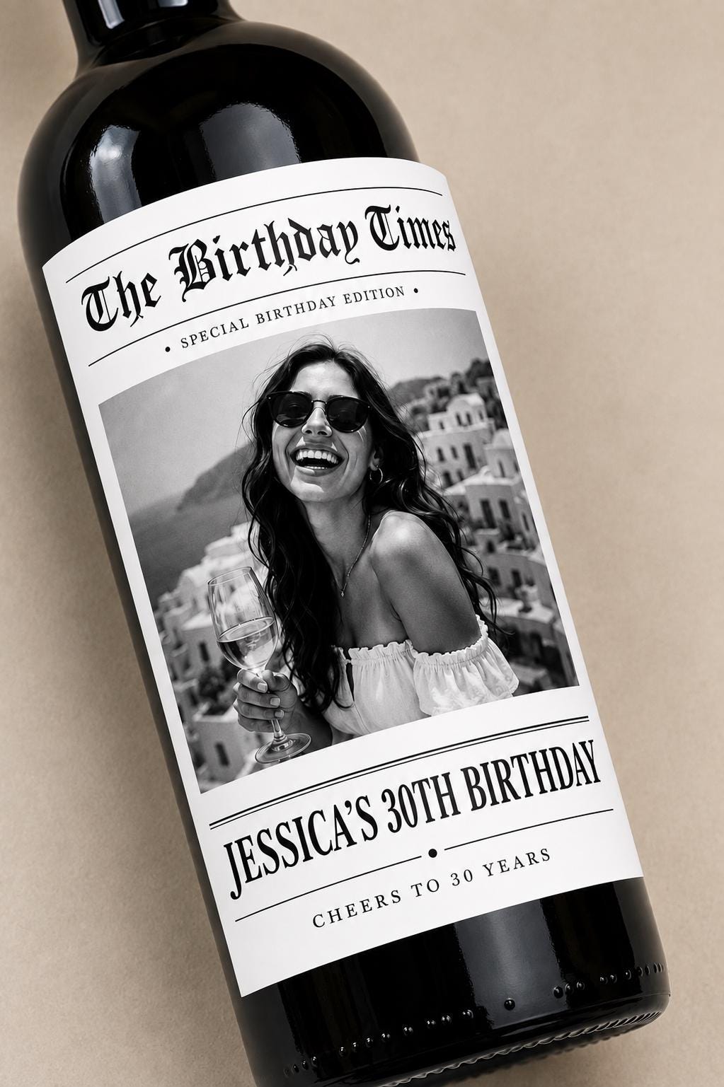 Personalized Birthday Wine Label with Photo, Custom Wine Bottle Label, 30th 40th 50th 60th Birthday Gift, Milestone Birthday Gift, Newspaper