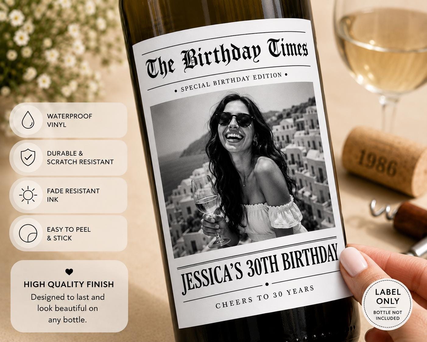 Personalized Birthday Wine Label with Photo, Custom Wine Bottle Label, 30th 40th 50th 60th Birthday Gift, Milestone Birthday Gift, Newspaper