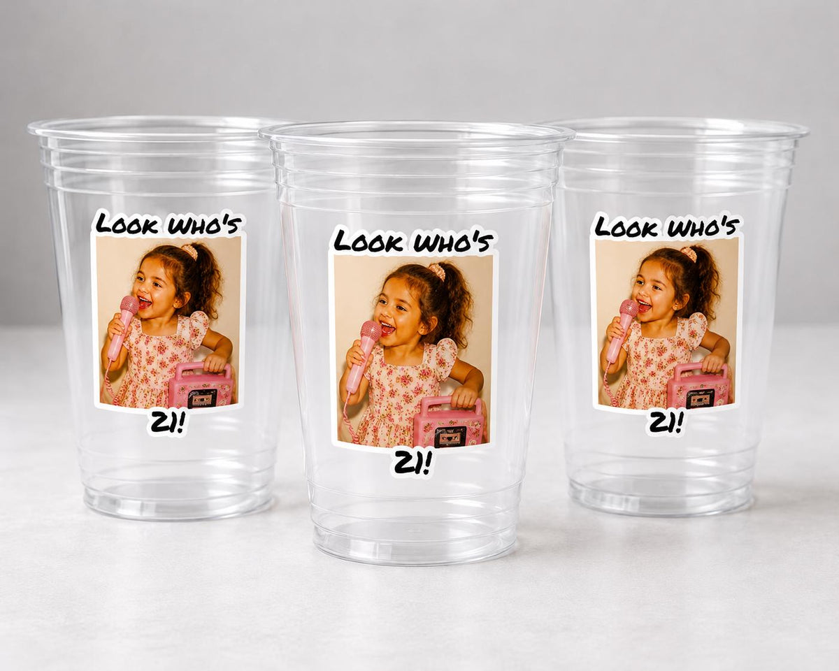 Custom 21st Birthday Photo Cups, Look Who’s 21 Party Cups with Picture, Retro Birthday Cups, Personalized Photo Party Favors, Custom Age Cup