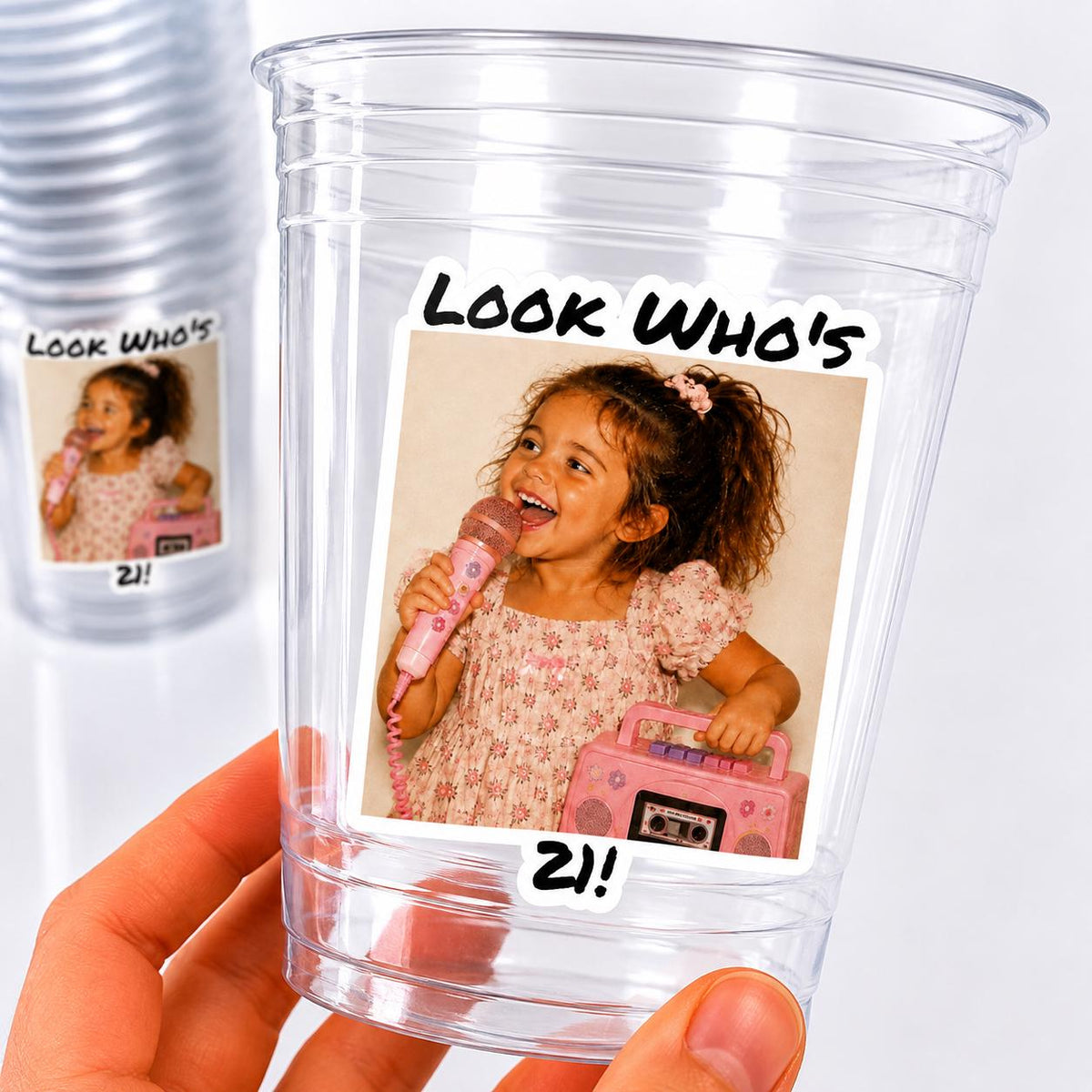 Custom 21st Birthday Photo Cups, Look Who’s 21 Party Cups with Picture, Retro Birthday Cups, Personalized Photo Party Favors, Custom Age Cup