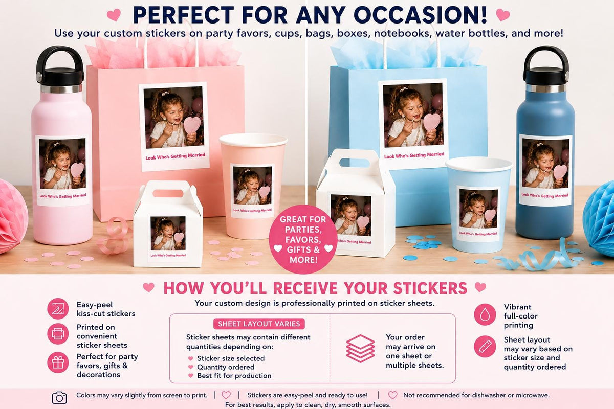 Look Who’s Getting Married Stickers, Custom Photo Stickers, Personalized Bridal Shower Favors, Bachelorette Party Stickers,Bride Favor Label