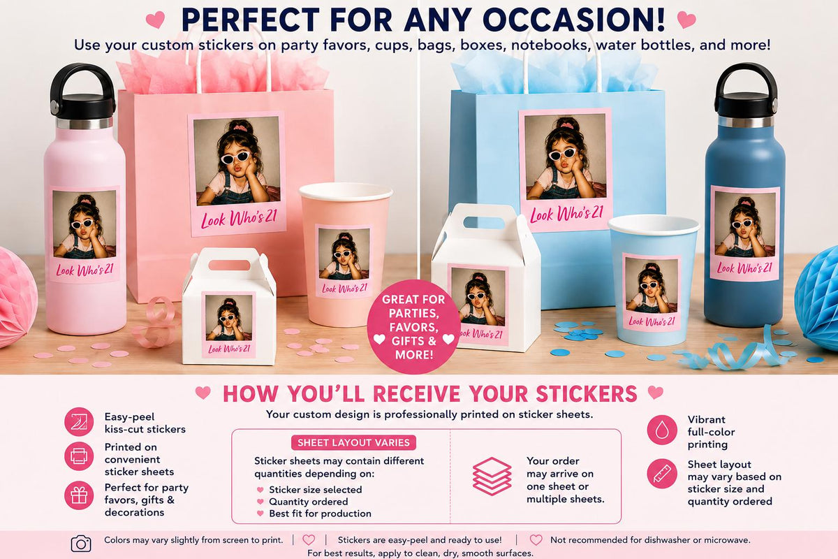 Personalized Photo Stickers | Custom Picture Stickers with Name & Year | Face Stickers | Birthday Party Favors | Custom Party Favor Stickers