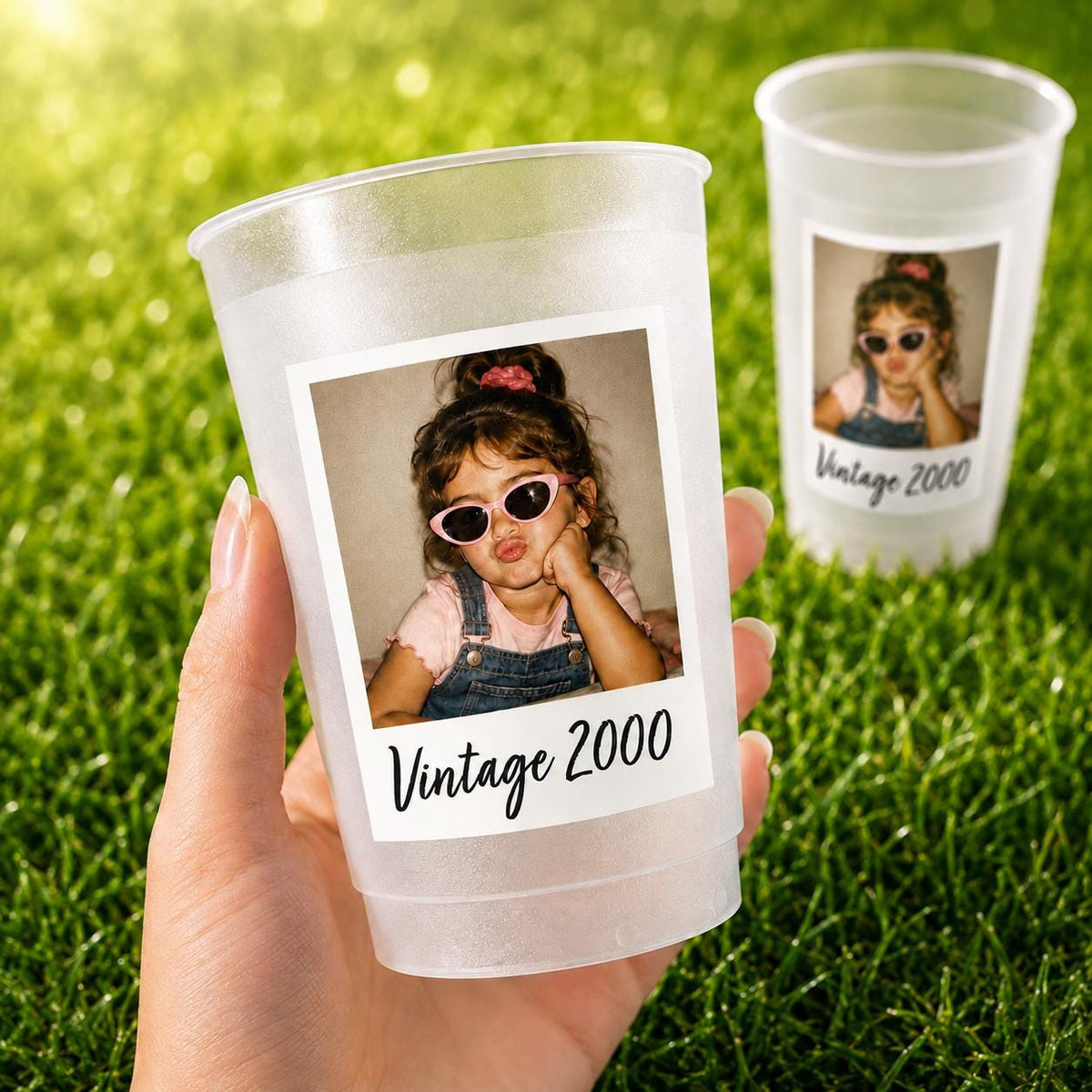 Vintage Year Photo Cups, Personalized Frosted Birthday Cups with Picture, Custom 16oz Party Favors, Retro Photo Keepsake Cups, Frosted Cups