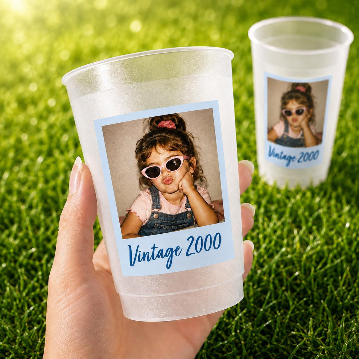 Vintage Year Photo Cups, Personalized Frosted Birthday Cups with Picture, Custom 16oz Party Favors, Retro Photo Keepsake Cups, Frosted Cups