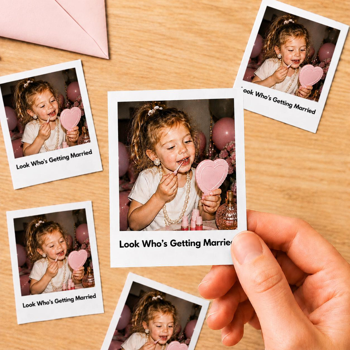 May include: A collection of square instant film photographs featuring a young child with blonde hair wearing a pearl necklace, holding a heart-shaped mirror and applying lipstick. Each photo includes the printed text Look Who's Getting Married.
