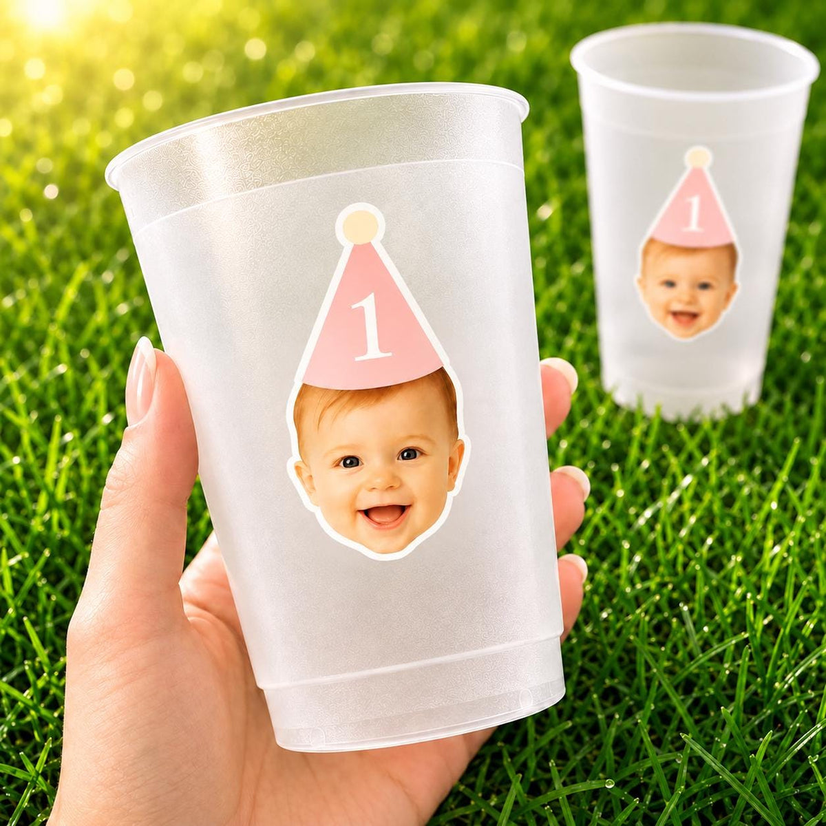 Personalized Baby Face Frosted Cups, 1st Birthday Photo Cups, Custom First Birthday Party Favors, Pink or Blue Party Hat, Any Age Party Cups