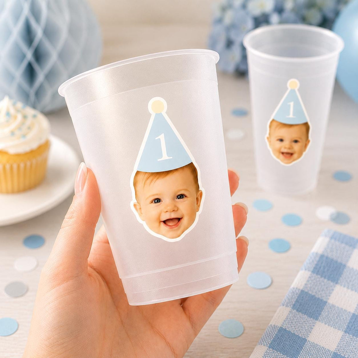 Personalized Baby Face Frosted Cups, 1st Birthday Photo Cups, Custom First Birthday Party Favors, Pink or Blue Party Hat, Any Age Party Cups