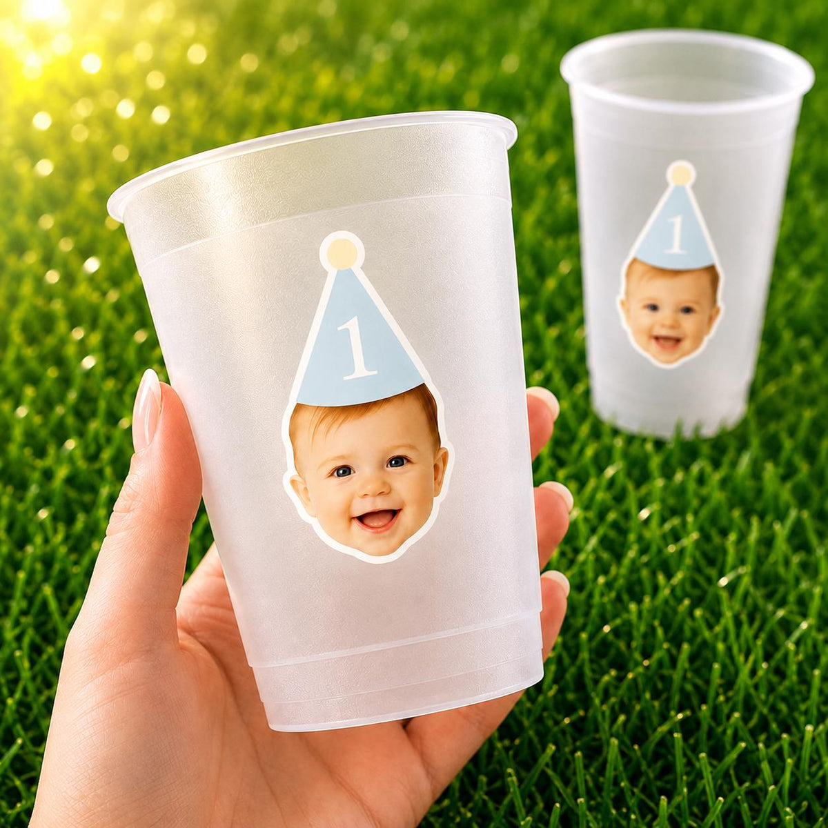 Personalized Baby Face Frosted Cups, 1st Birthday Photo Cups, Custom First Birthday Party Favors, Pink or Blue Party Hat, Any Age Party Cups