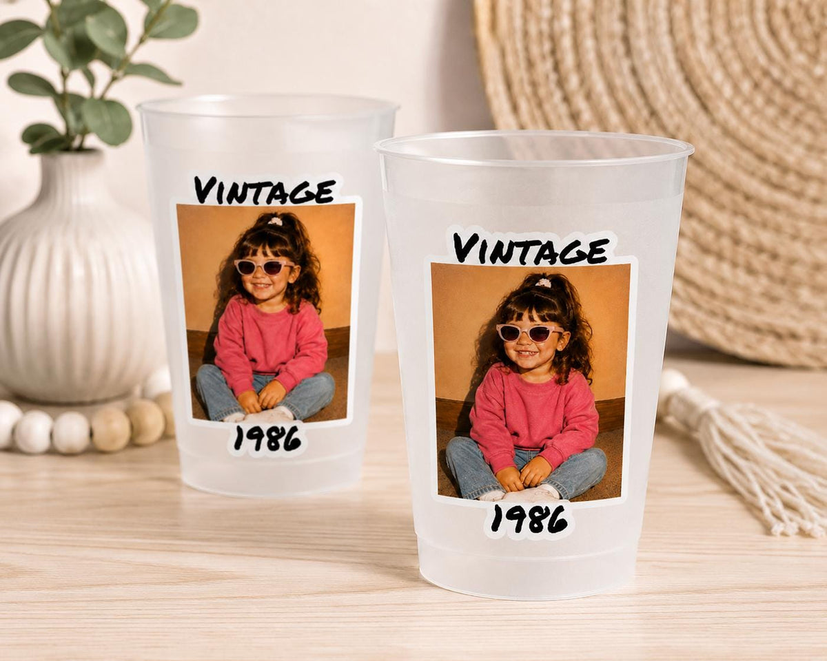 Personalized Vintage Photo Cups, Custom Birthday Cups with Picture & Year, Frosted Party Cups, Retro Birthday Party Favors, Frosted Reusable