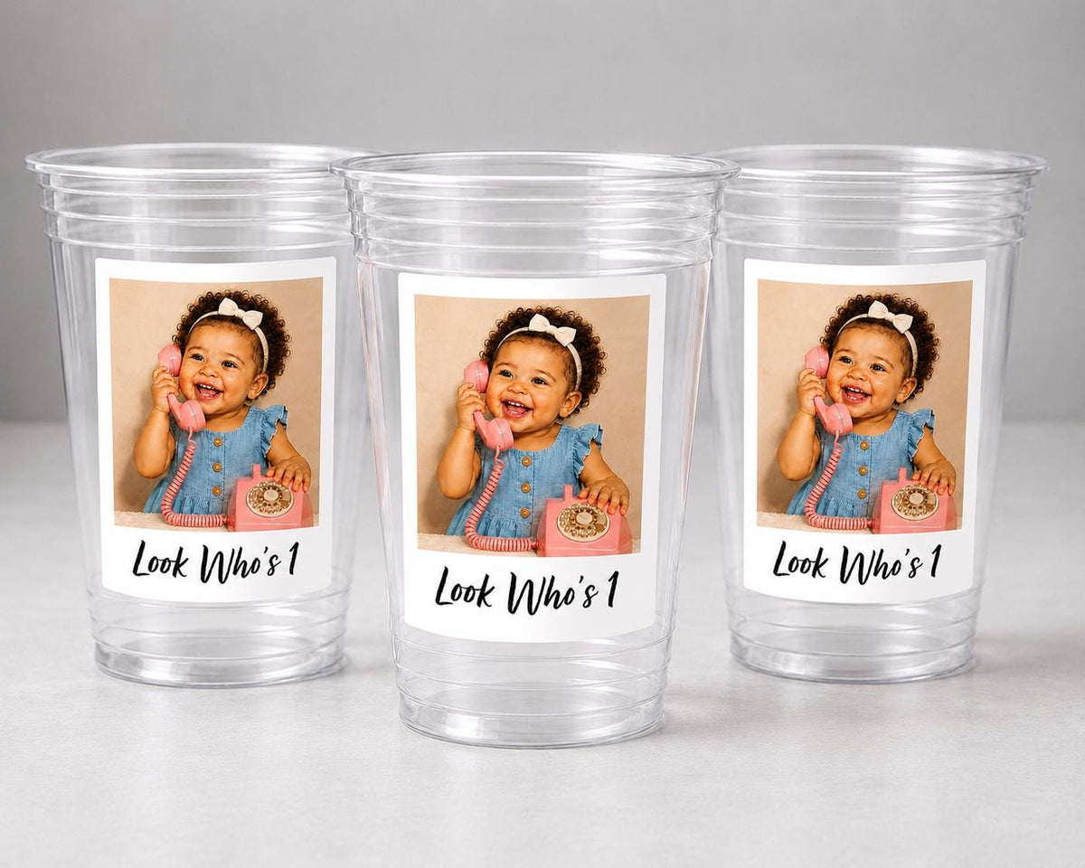 Look Who’s 1 Birthday Cups, First Birthday Party Favors, Personalized 1st Birthday Cups with Photo, One Year Old Girl Boy Favors, Ships Fast