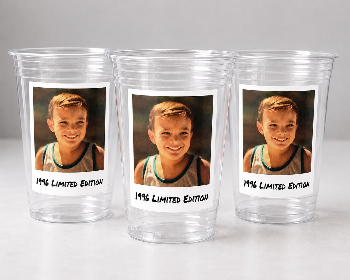 Limited Edition Birthday Cups with Photo and Year – Personalized 16oz Party Cups, Birth Year Picture Cups, Milestone Birthday Decorations