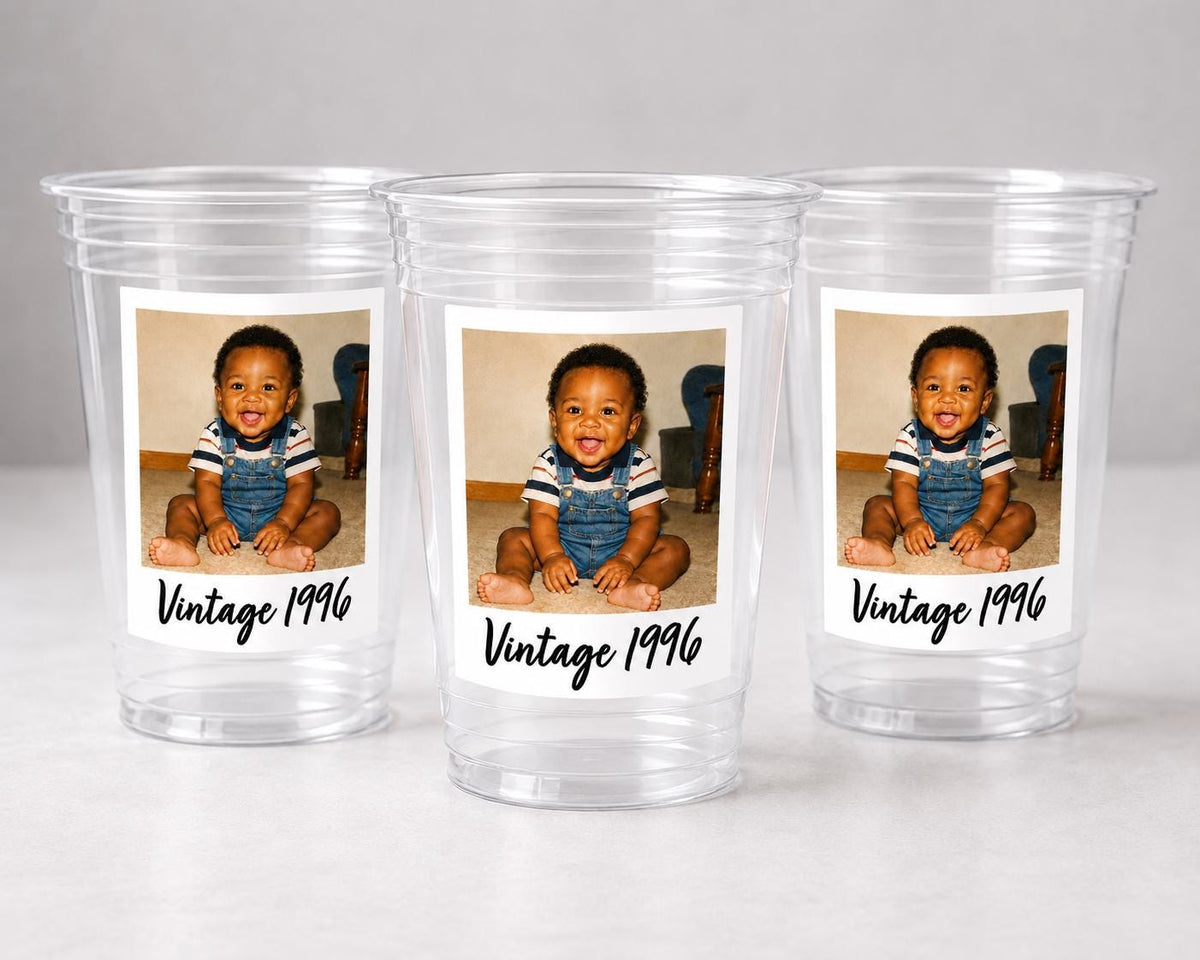 Vintage Birth Year Photo Cups, Personalized Picture Party Cups, Custom Year Celebration Cups, Retro Photo Party Favors, Photo Birthday Cups