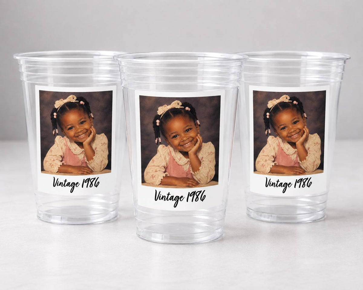 Vintage Birth Year Photo Cups, Personalized Picture Party Cups, Custom Year Celebration Cups, Retro Photo Party Favors, Photo Birthday Cups