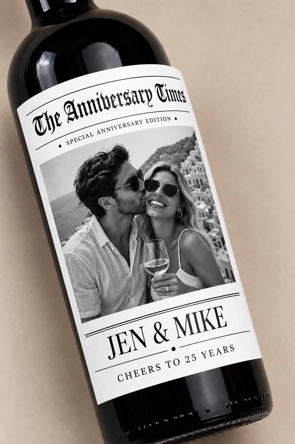 Personalized Anniversary Wine Label with Photo, Custom Wine Bottle Label, Wedding Anniversary Gift, Milestone Anniversary, Newspaper Label